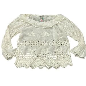 Johnny Was White Eyelet Off Shoulder BOHO Long Sleeve Shirt Blouse Women's S